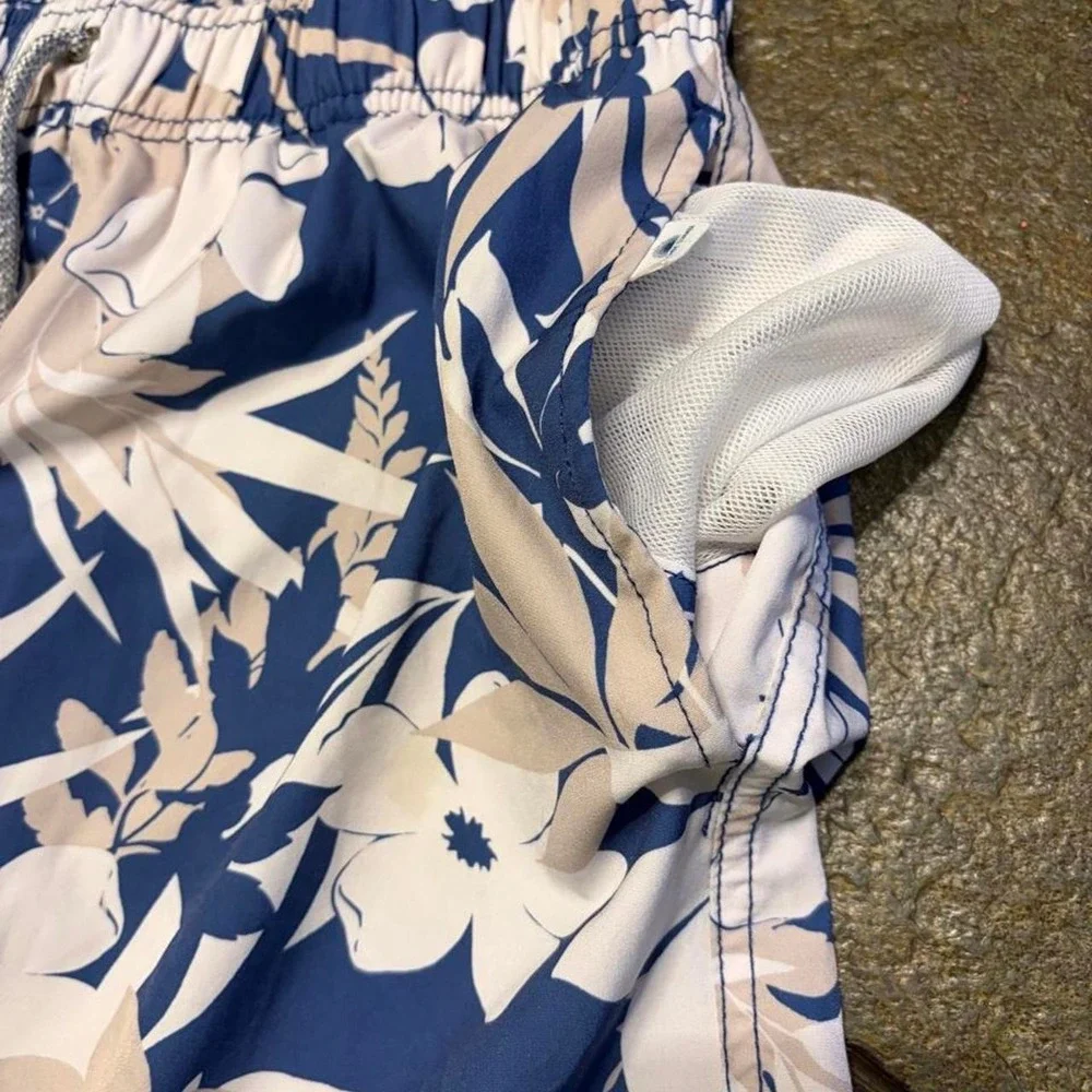 Vintage Summer Mens Tropical Floral Swim Trunks Blue Cream Large V70807SET